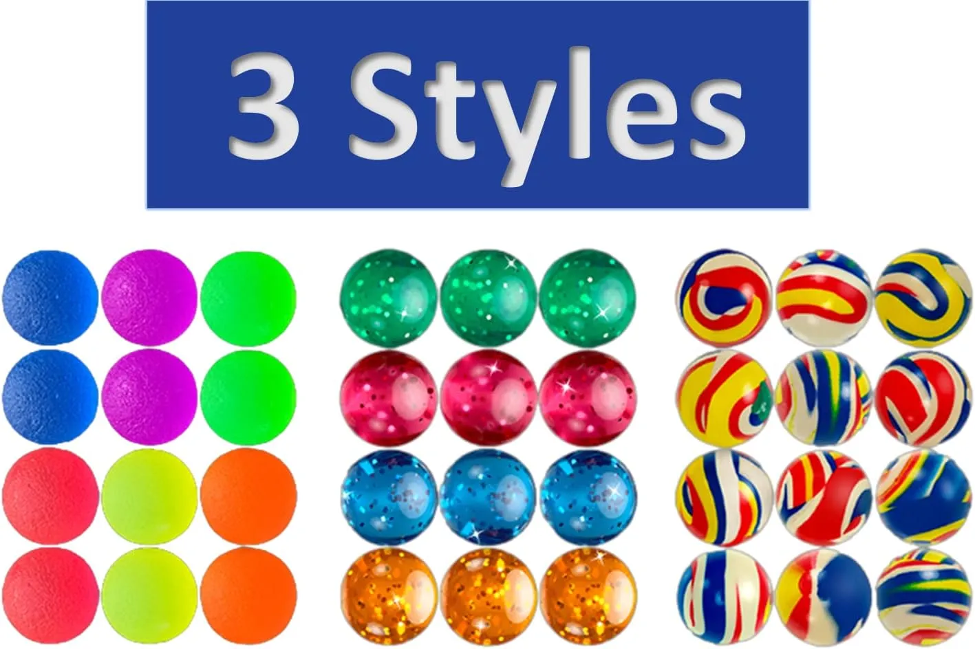 2CHILL Bouncy Balls Superballs Super Hi Bounce (Each Pack 12 Balls) 3 Styles Small Toys Party Favors for Kids Racketball Kids Prize by Ja-Ru Premium Giveaways Gift Toy Includes 1 Sticker #967