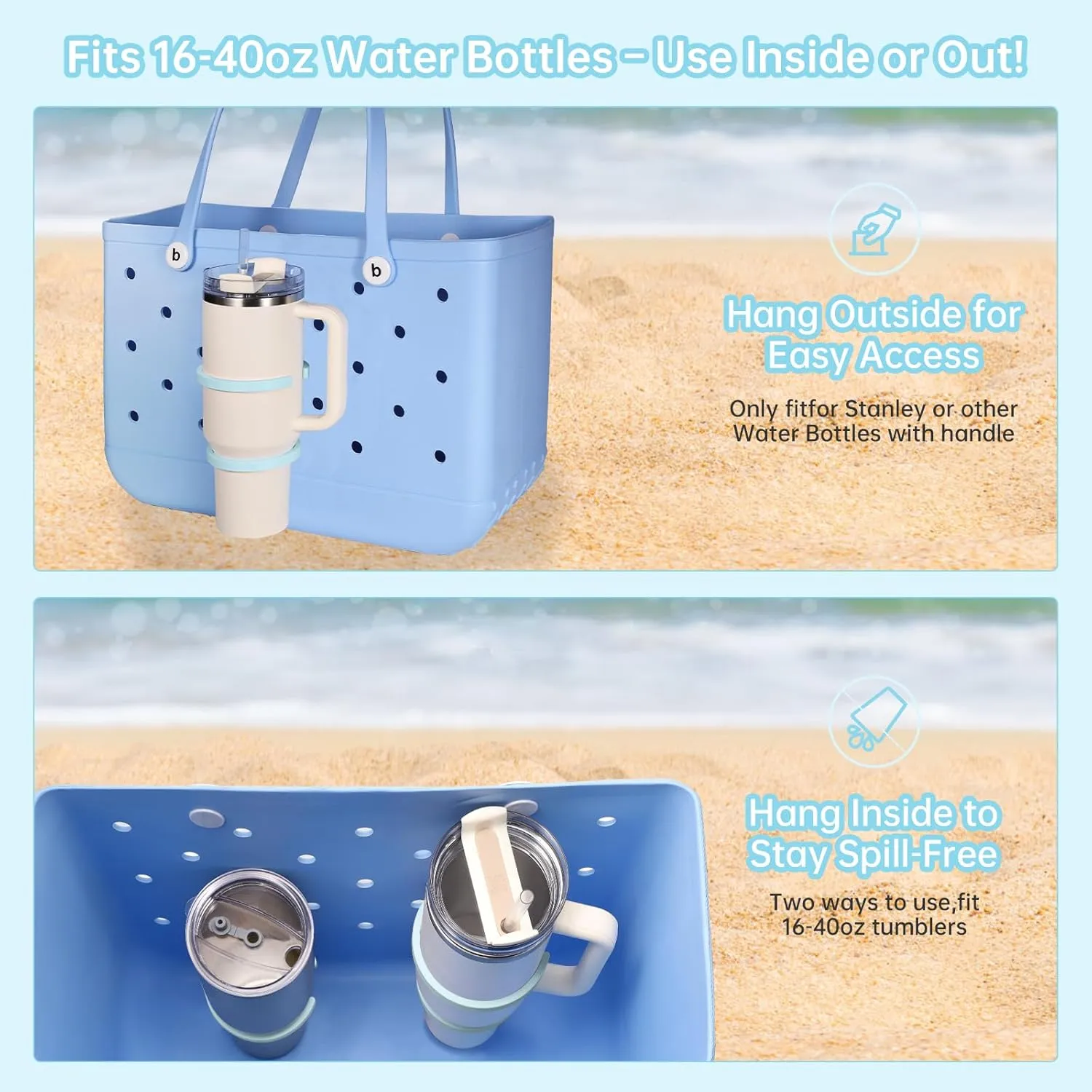 3-in-1 Cup Holder for Bogg Bag – Compatible with Stanley, Owala, Yeti & More, Large Drink Holder, Fits 30-40 oz Cups, Cup Holder Accessories Compatible with All Bogg Bags (Blue)