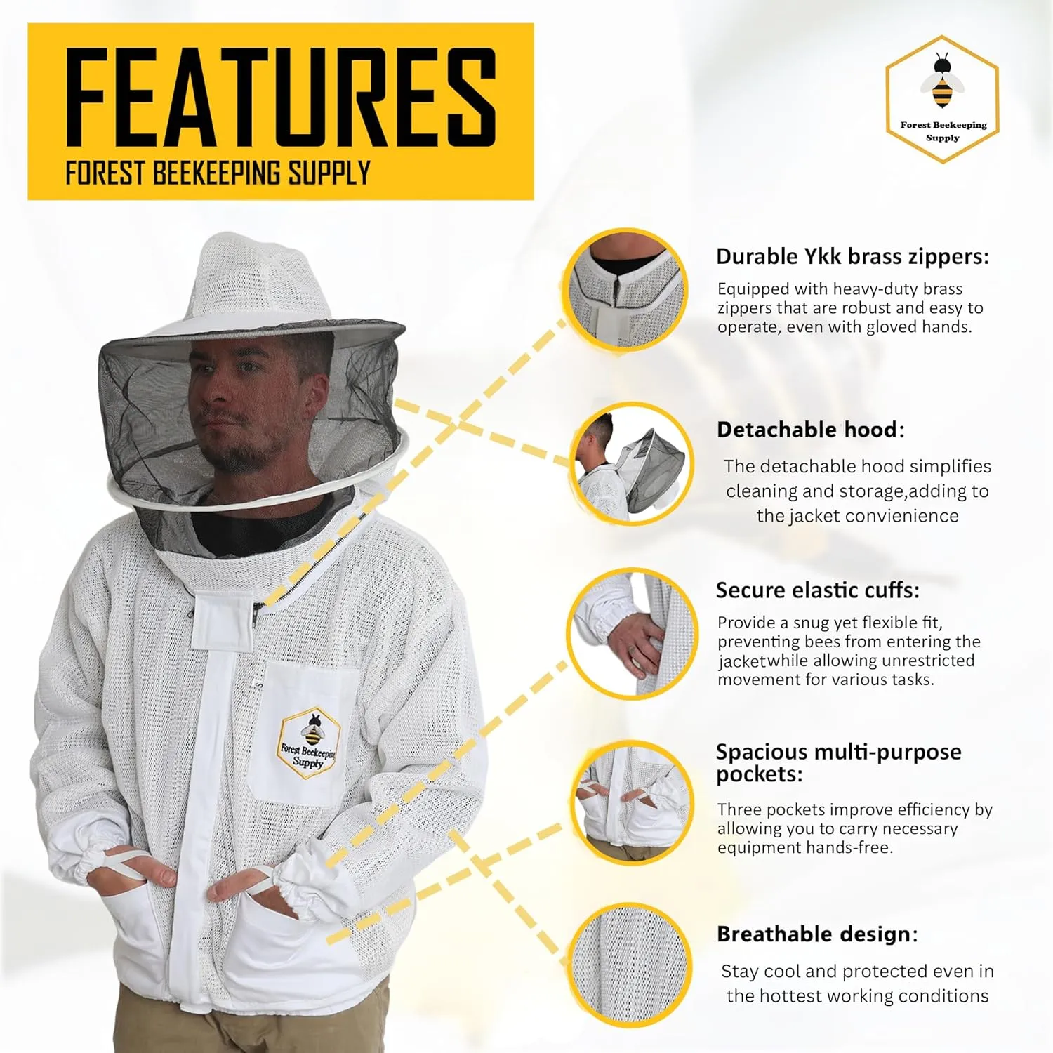 3 layer Ultra Ventilated Beekeeping Jacket for men and women with Round Veil Hood, Vented Premium Beekeeper Jackets for Professional, Commercial, and Beginner Beekeepers (3XL)