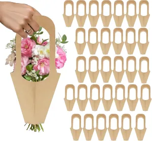 32pcs Kraft Paper Flower Bags for Bouquets with Handles, Brown Floral Gift Bags, Flowers Wrapping Bag for Flower Bar Supplies and Wedding Party