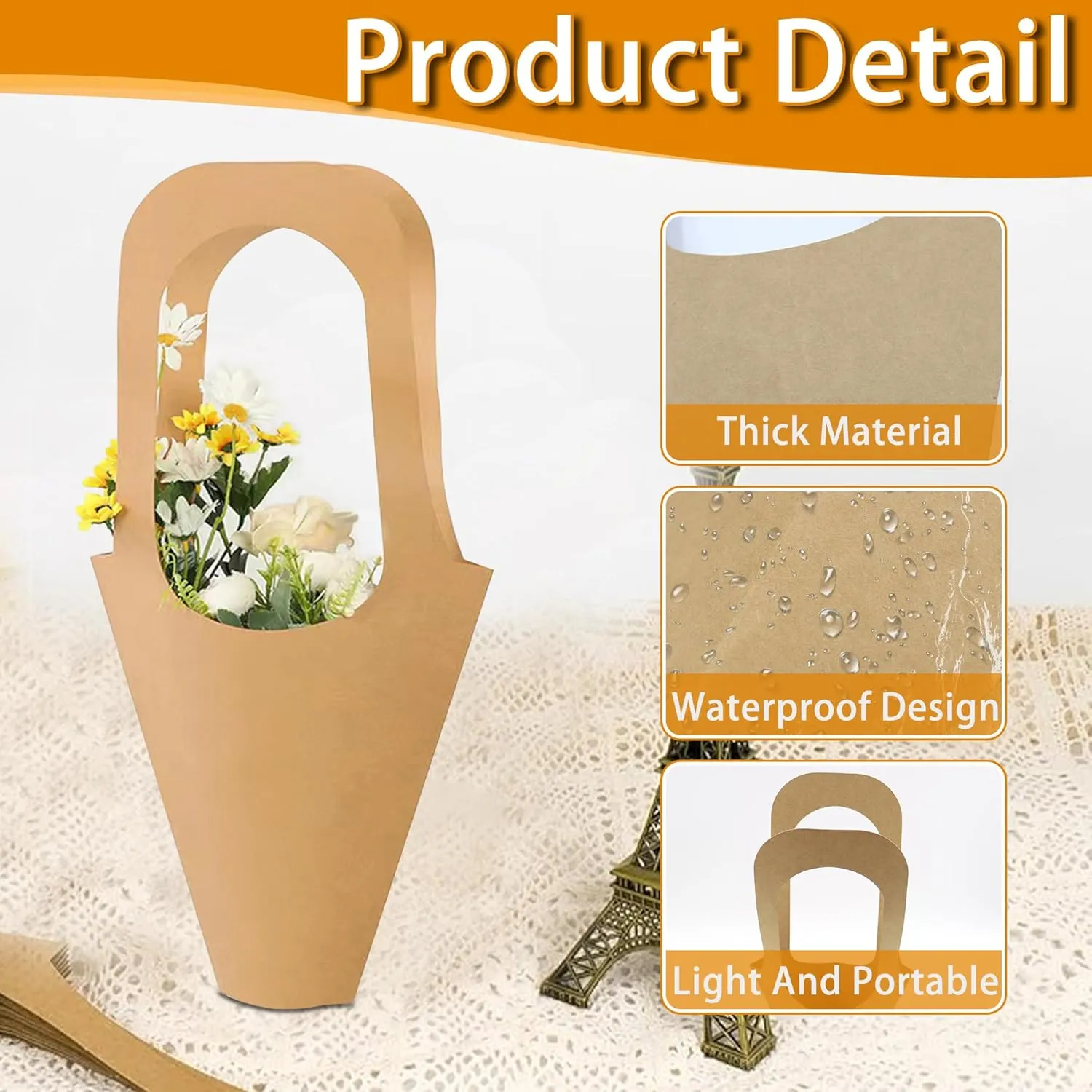 32pcs Kraft Paper Flower Bags for Bouquets with Handles, Brown Floral Gift Bags, Flowers Wrapping Bag for Flower Bar Supplies and Wedding Party