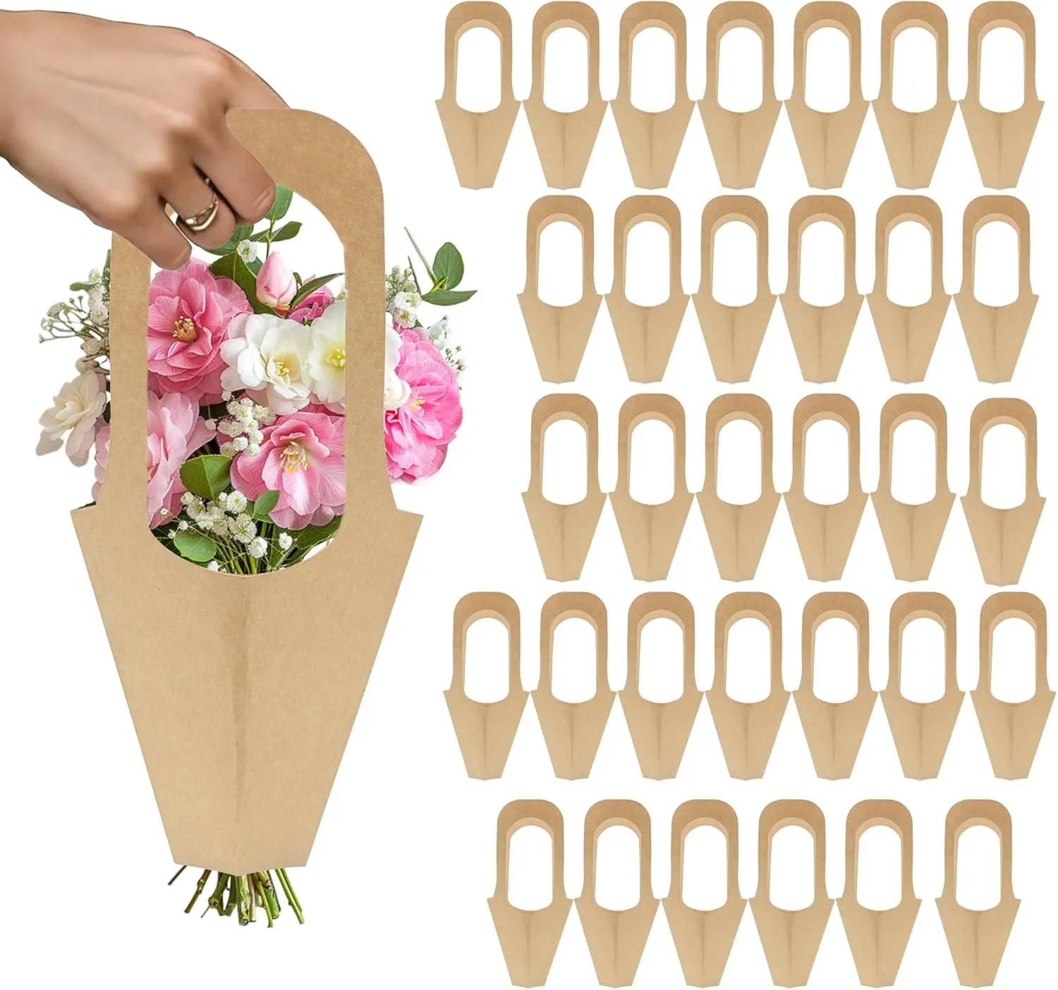32pcs Kraft Paper Flower Bags for Bouquets with Handles, Brown Floral Gift Bags, Flowers Wrapping Bag for Flower Bar Supplies and Wedding Party