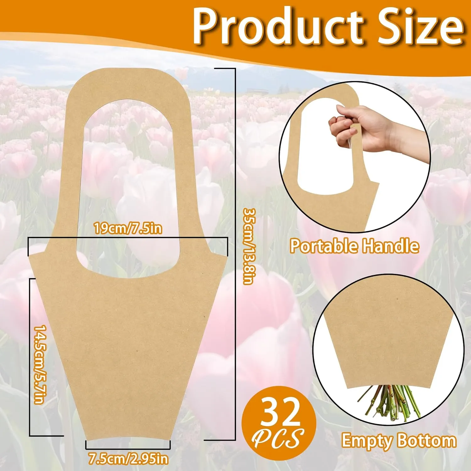 32pcs Kraft Paper Flower Bags for Bouquets with Handles, Brown Floral Gift Bags, Flowers Wrapping Bag for Flower Bar Supplies and Wedding Party