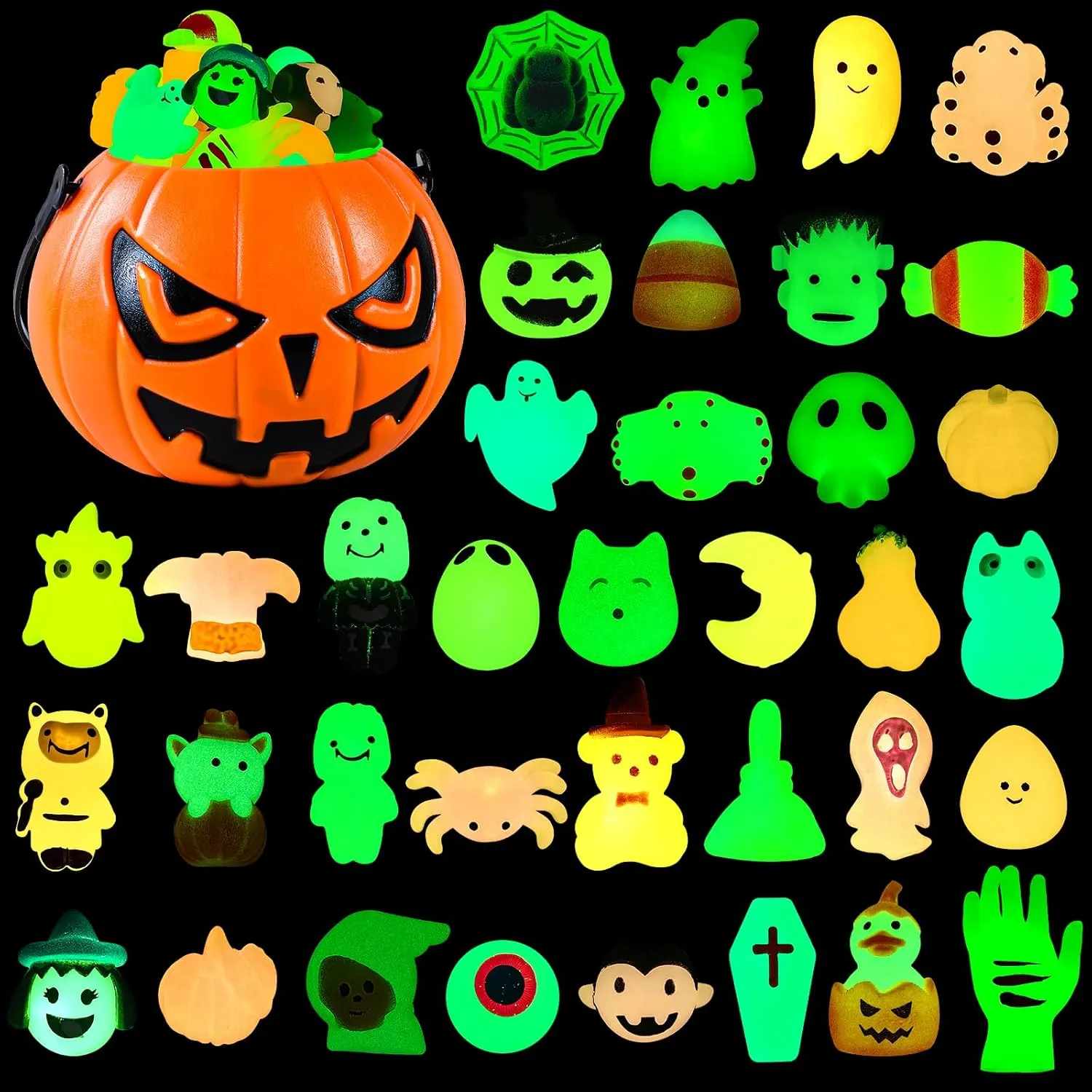 36 PCS Halloween Mochi Squishy Toys with Pumpkin Bucket, Kawaii Squishies Mini Stress Relief Toys Glow in The Dark for Halloween Party Favors Treat Goodie Bags Stuffers for Kids Girls Boys