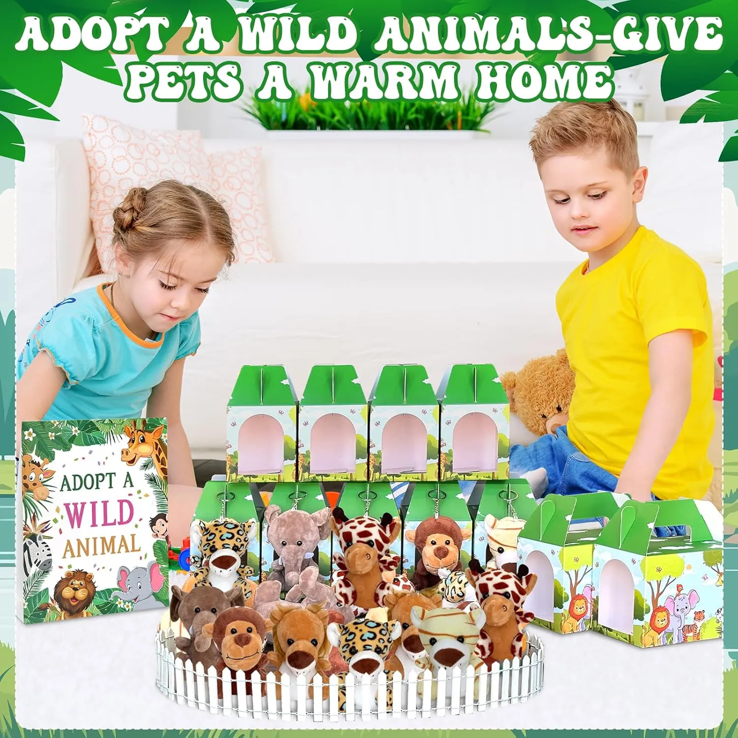 38 Pcs Safari Jungle Party Favors Include 12 Foldable Paper Boxes 12 Forest Mini Stuffed Animals 12 Adoption Cards 1 Adoption Signs 1 Fence for Jungle Party Supplies Adopt A Jungle Animal Favors