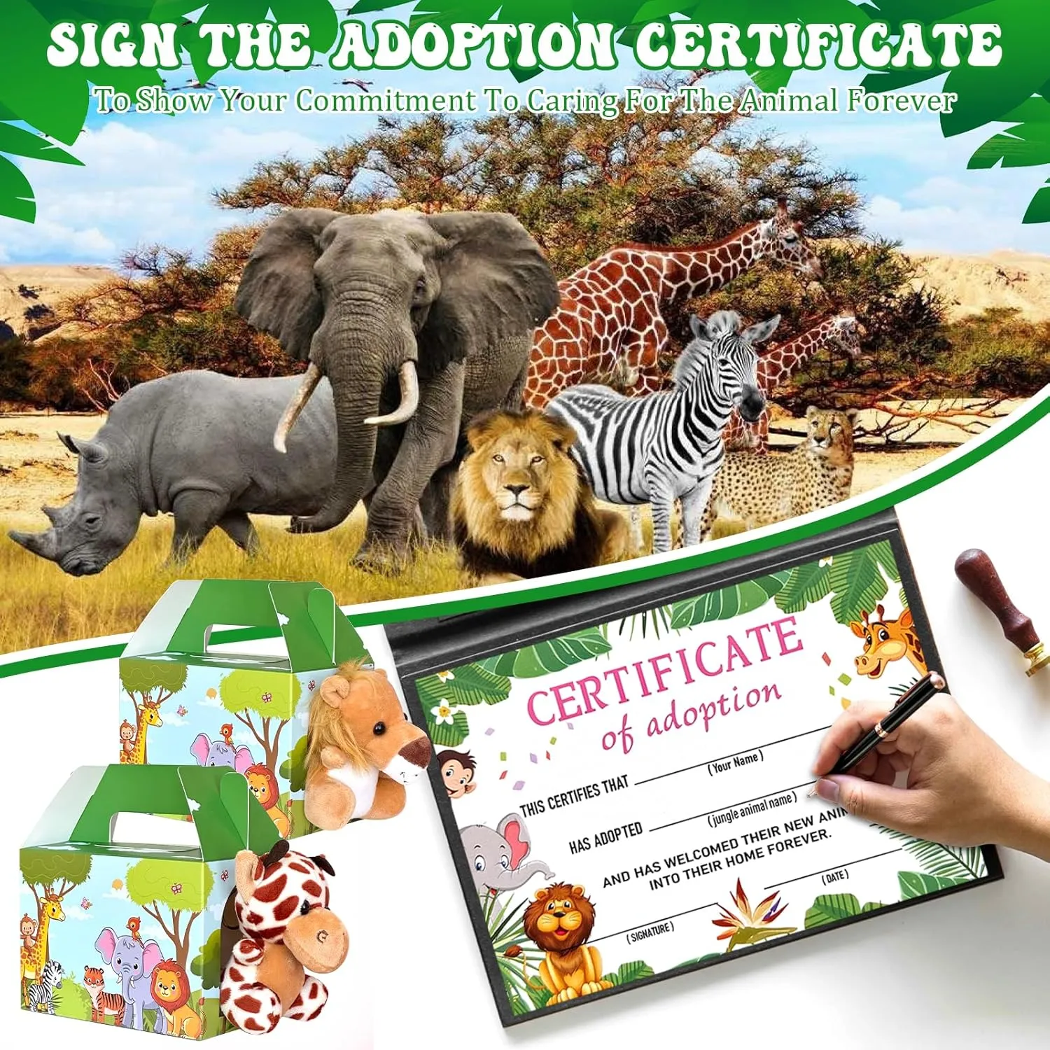 38 Pcs Safari Jungle Party Favors Include 12 Foldable Paper Boxes 12 Forest Mini Stuffed Animals 12 Adoption Cards 1 Adoption Signs 1 Fence for Jungle Party Supplies Adopt A Jungle Animal Favors