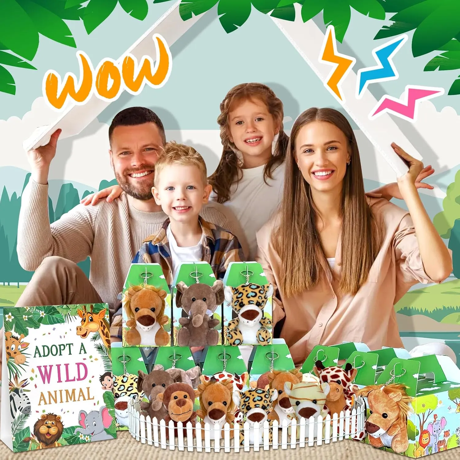 38 Pcs Safari Jungle Party Favors Include 12 Foldable Paper Boxes 12 Forest Mini Stuffed Animals 12 Adoption Cards 1 Adoption Signs 1 Fence for Jungle Party Supplies Adopt A Jungle Animal Favors