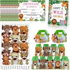 38 Pcs Safari Jungle Party Favors Include 12 Foldable Paper Boxes 12 Forest Mini Stuffed Animals 12 Adoption Cards 1 Adoption Signs 1 Fence for Jungle Party Supplies Adopt A Jungle Animal Favors