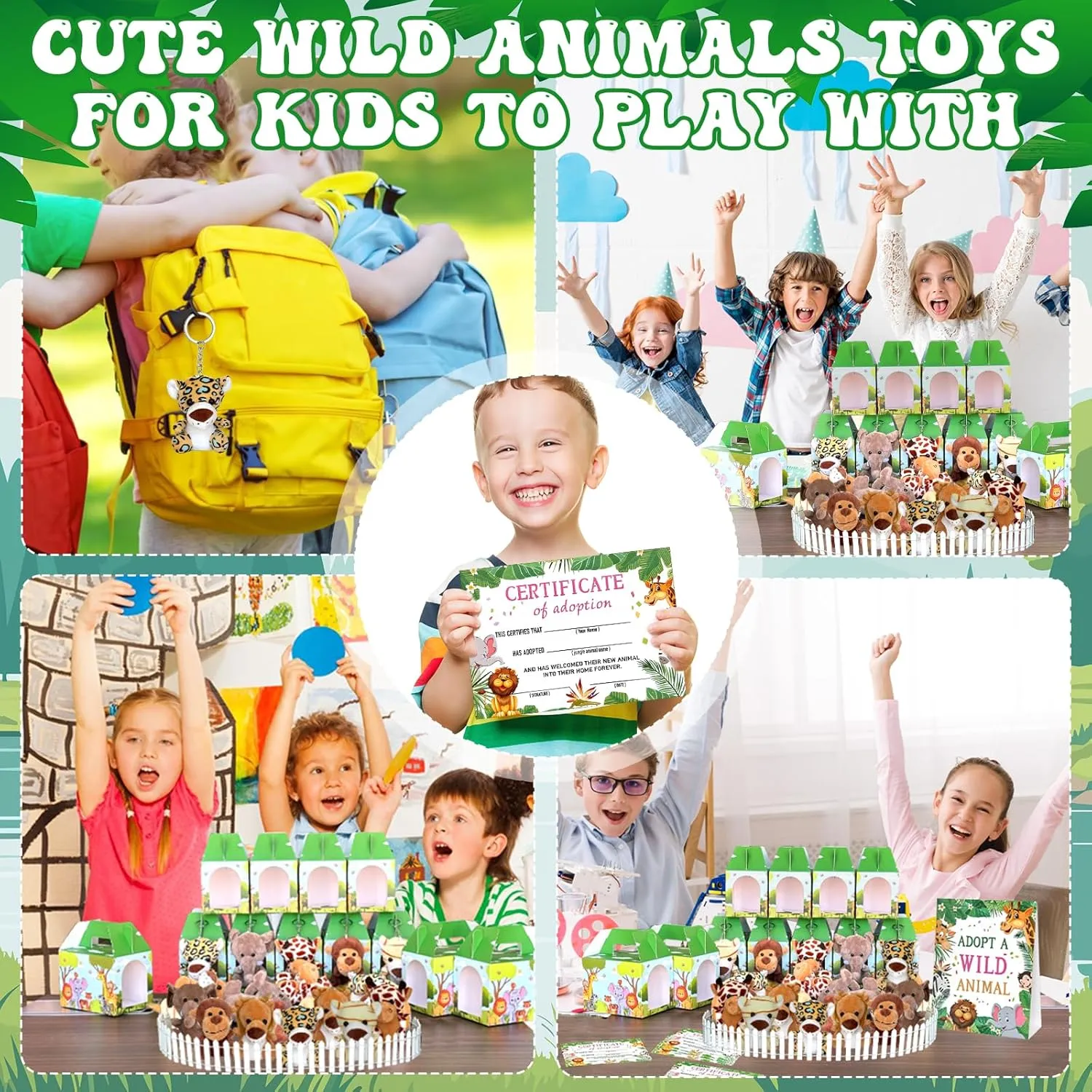 38 Pcs Safari Jungle Party Favors Include 12 Foldable Paper Boxes 12 Forest Mini Stuffed Animals 12 Adoption Cards 1 Adoption Signs 1 Fence for Jungle Party Supplies Adopt A Jungle Animal Favors