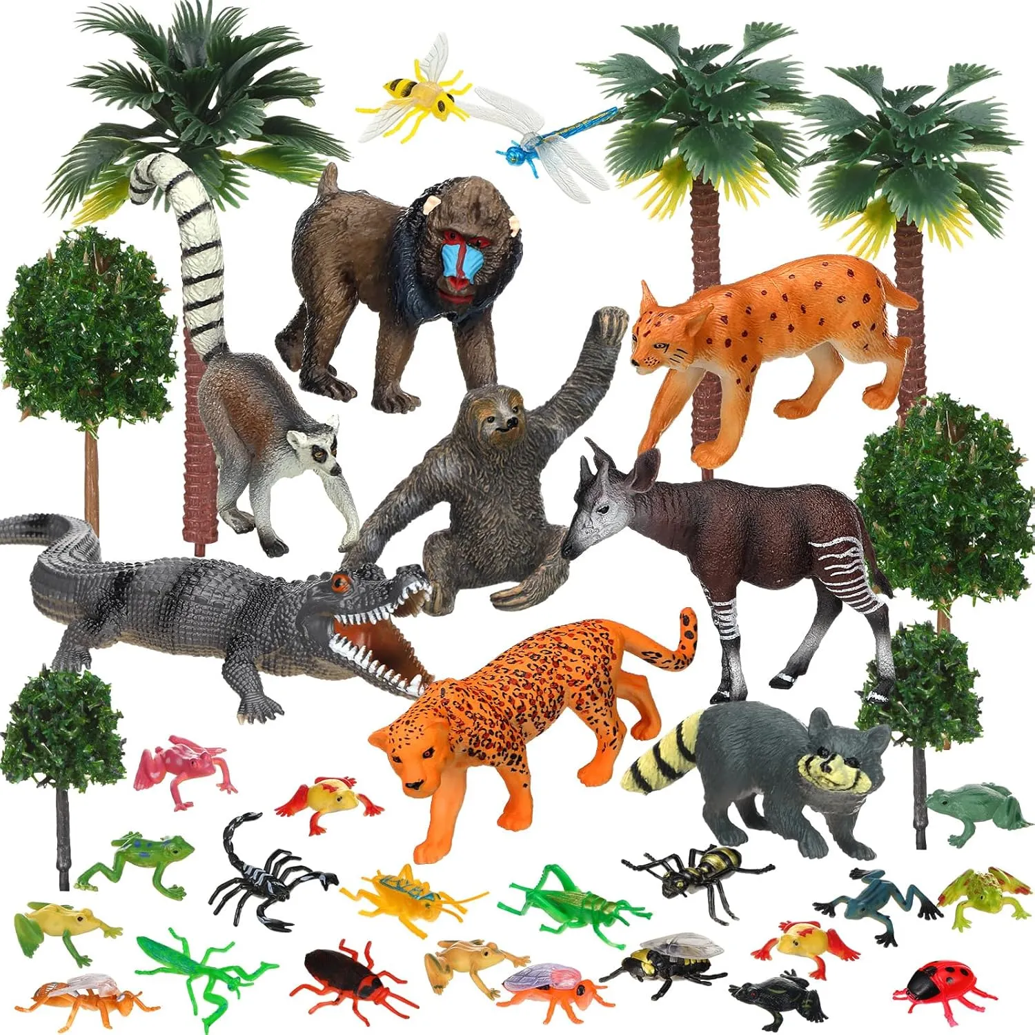 39 Pcs Rainforest Animals Figures Toys Set Assorted Creatures Rain Forest Diorama Kit Supplies Miniature Model Trees for Educational Toys Birthday Party Favors Piñata Fillers