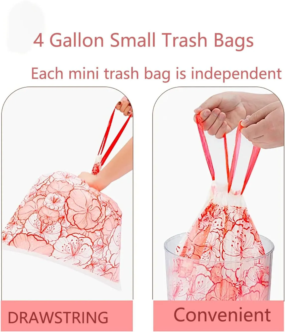 4 Gallon Small Trash Bags No-Tearing Drawstring 1.1 Mil Thick - Red Flowers 90 Count Small Garbage Bags for Bathroom Kitchen Toilet Home Office and Bedroom
