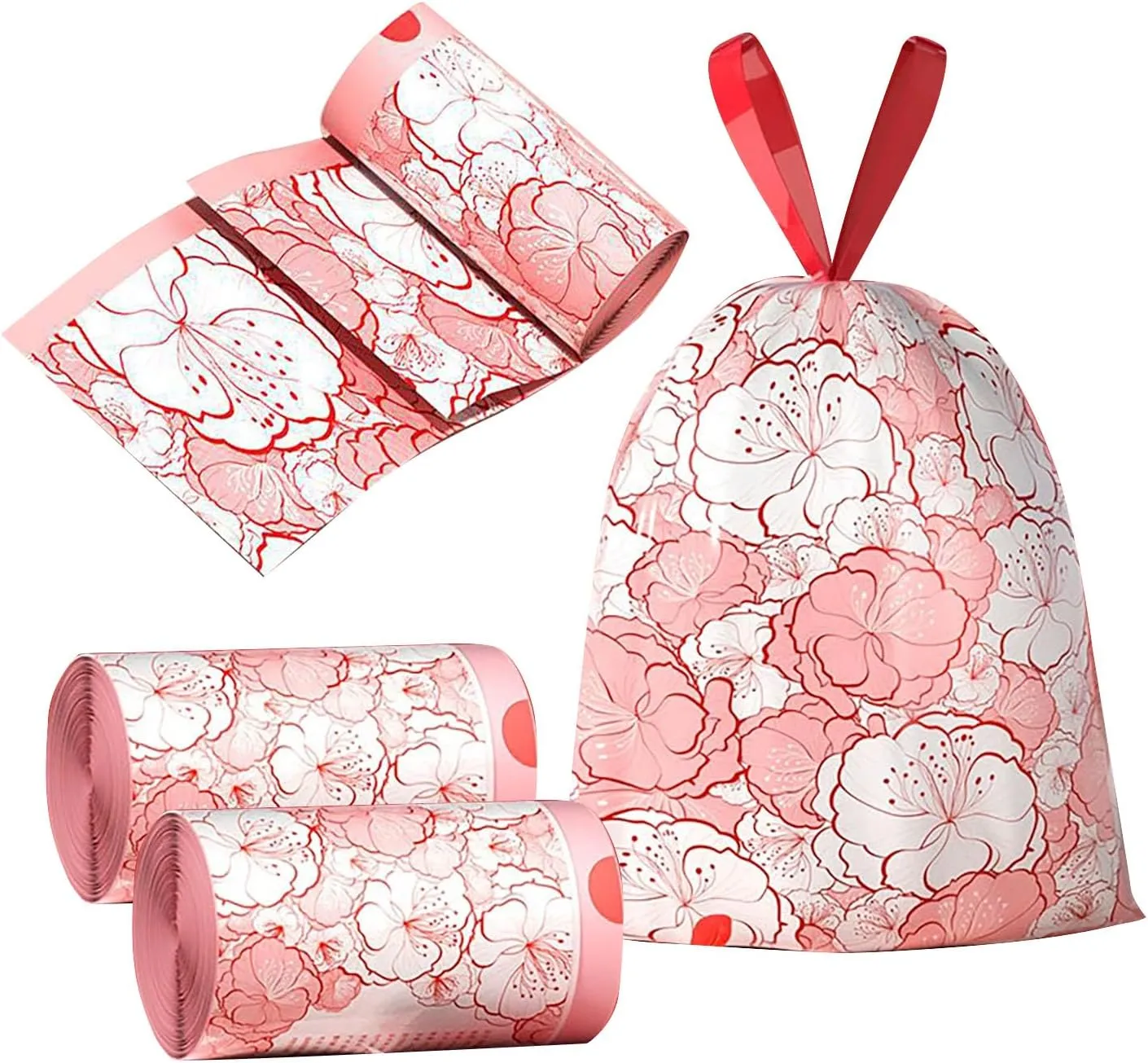 4 Gallon Small Trash Bags No-Tearing Drawstring 1.1 Mil Thick - Red Flowers 90 Count Small Garbage Bags for Bathroom Kitchen Toilet Home Office and Bedroom