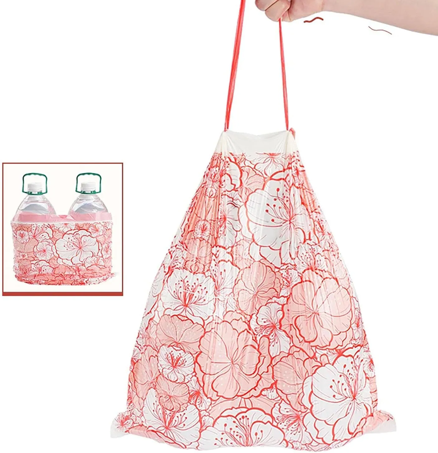4 Gallon Small Trash Bags No-Tearing Drawstring 1.1 Mil Thick - Red Flowers 90 Count Small Garbage Bags for Bathroom Kitchen Toilet Home Office and Bedroom