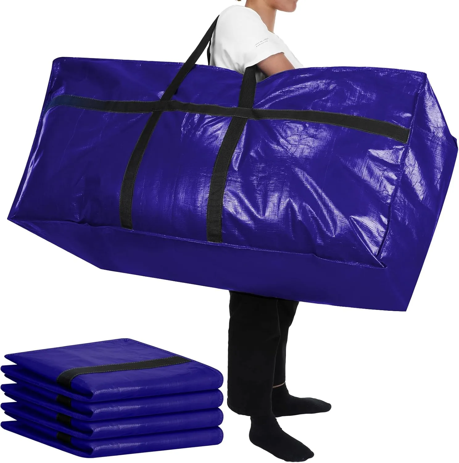 4 Pcs 66 Gallon Large Moving Bags with Zipper and Handles Foldable Storage Duffle Bags Heavy Duty Extra Large Totes for College Dorm Travel Clothes Blankets Bedding Moving(Navy Blue)