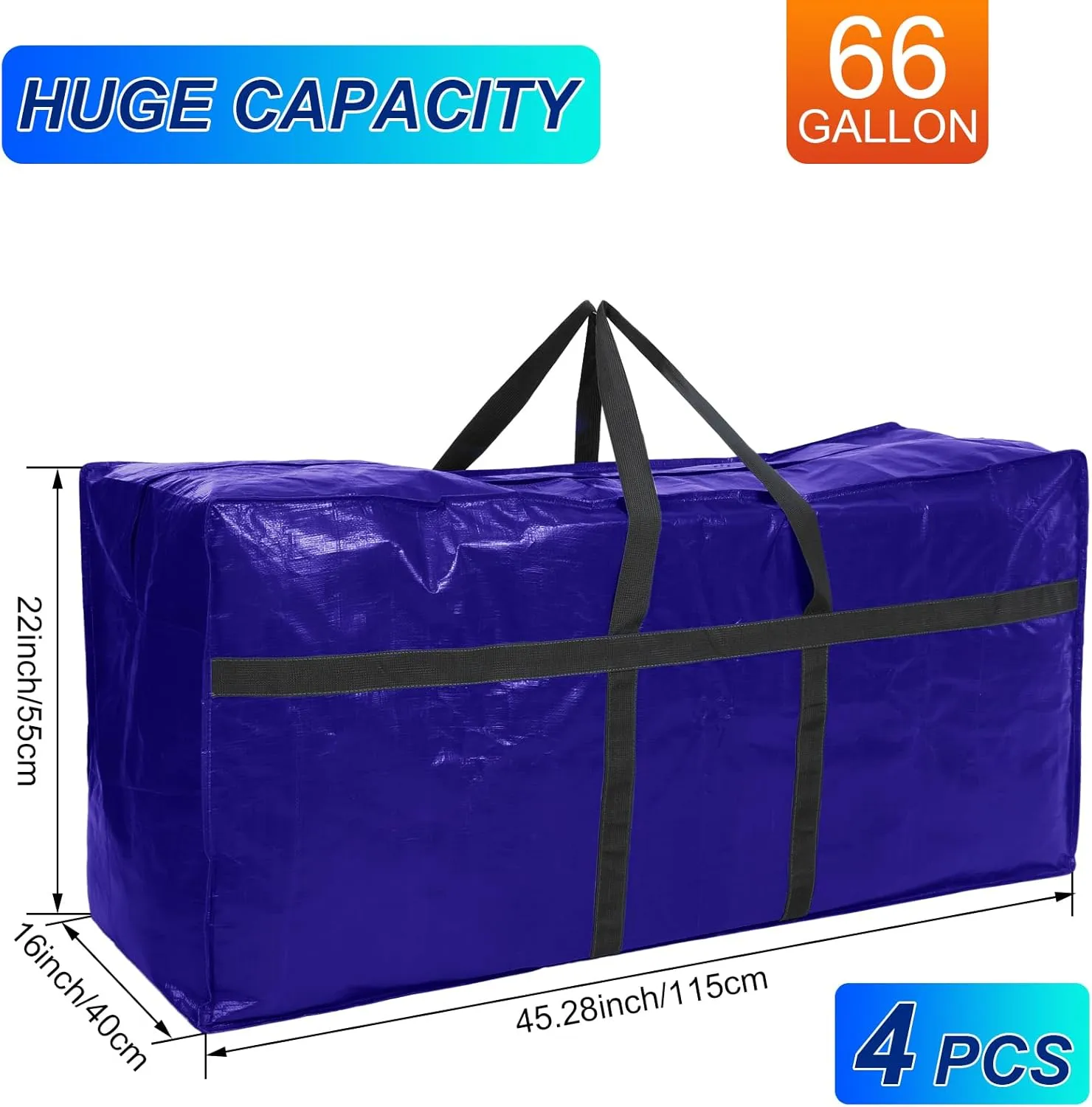 4 Pcs 66 Gallon Large Moving Bags with Zipper and Handles Foldable Storage Duffle Bags Heavy Duty Extra Large Totes for College Dorm Travel Clothes Blankets Bedding Moving(Navy Blue)