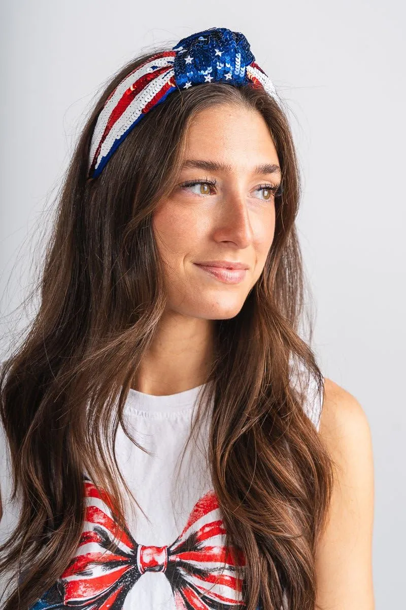 4 th of July Headband for Women - Fourth of July Headband Accessories USA Red White Blue Sequin Knotted Patriotic Head Band American Flag Parade Carnival Hair Accessory Gifts