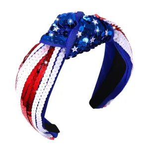 4 th of July Headband for Women - Fourth of July Headband Accessories USA Red White Blue Sequin Knotted Patriotic Head Band American Flag Parade Carnival Hair Accessory Gifts