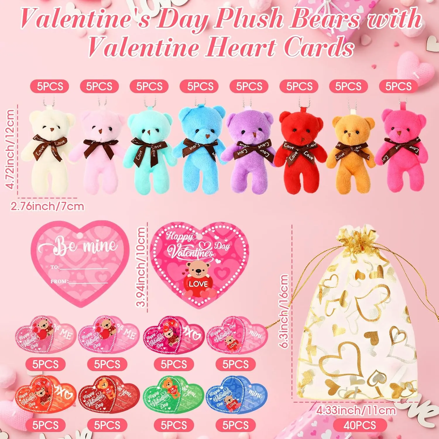 40 Pack Mini Plush Bears with Heart Cards and Organza Bags 4.7 Inch Small Stuffed Bear for Classroom School Exchange Prize Gifts Party Favors(Classic)