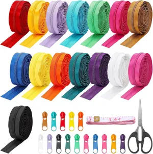 45 Yards 15 Colors #5 Nylon Coil Zippers with 90Pcs Pull Heads, Scissor, Ruler, Assorted Lengths Sewing Zipper for DIY Sewing Crafts Zipper Tape for Clothes, Bag, Purse Making Supplies Kit