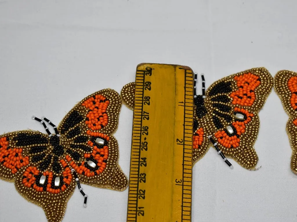 5 Pc Orange Butterfly Patches 3-inch Beaded Applique Handmade Embroidered Indian Dress Sewing DIY Crafting Headband Patch Cushion Cover Bags