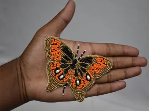 5 Pc Orange Butterfly Patches 3-inch Beaded Applique Handmade Embroidered Indian Dress Sewing DIY Crafting Headband Patch Cushion Cover Bags