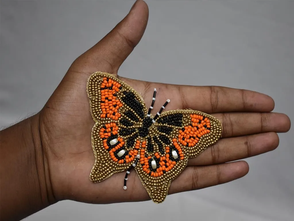 5 Pc Orange Butterfly Patches 3-inch Beaded Applique Handmade Embroidered Indian Dress Sewing DIY Crafting Headband Patch Cushion Cover Bags