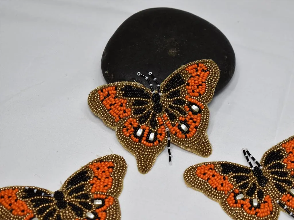 5 Pc Orange Butterfly Patches 3-inch Beaded Applique Handmade Embroidered Indian Dress Sewing DIY Crafting Headband Patch Cushion Cover Bags