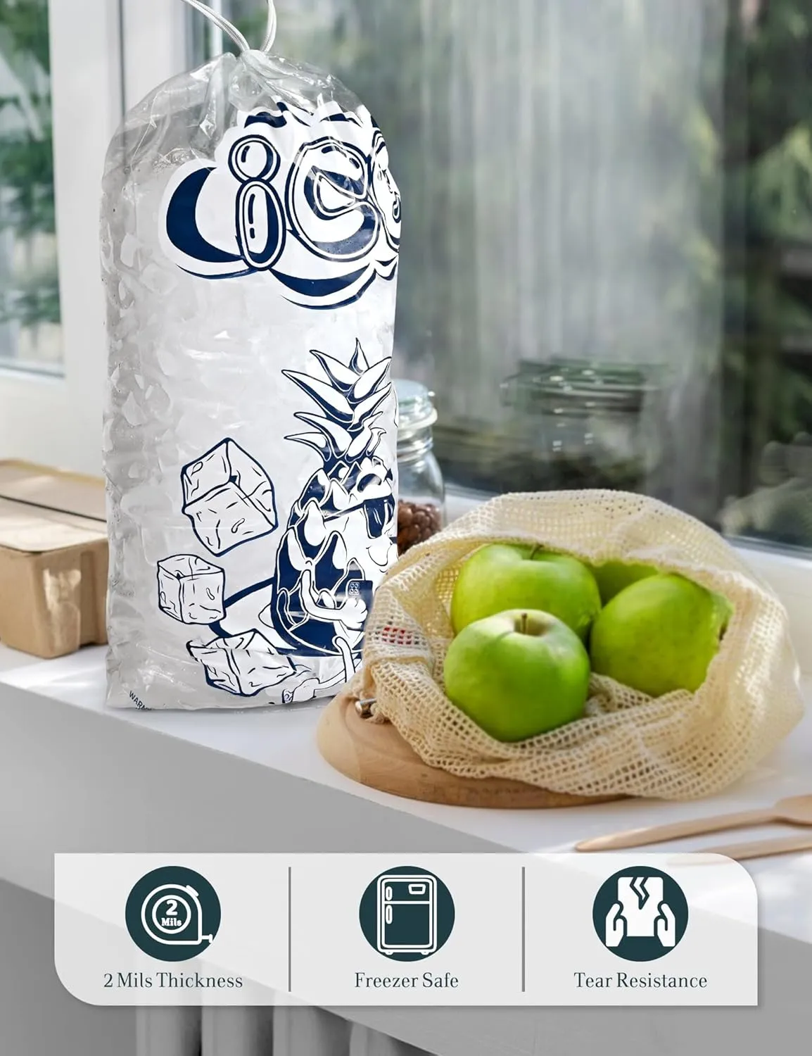 50 Pack Ice Bags 10 lb with Drawstring, Heavy-Duty Ice Bags for Ice Machine(2 Mils Thickness)