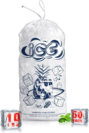 50 Pack Ice Bags 10 lb with Drawstring, Heavy-Duty Ice Bags for Ice Machine(2 Mils Thickness)