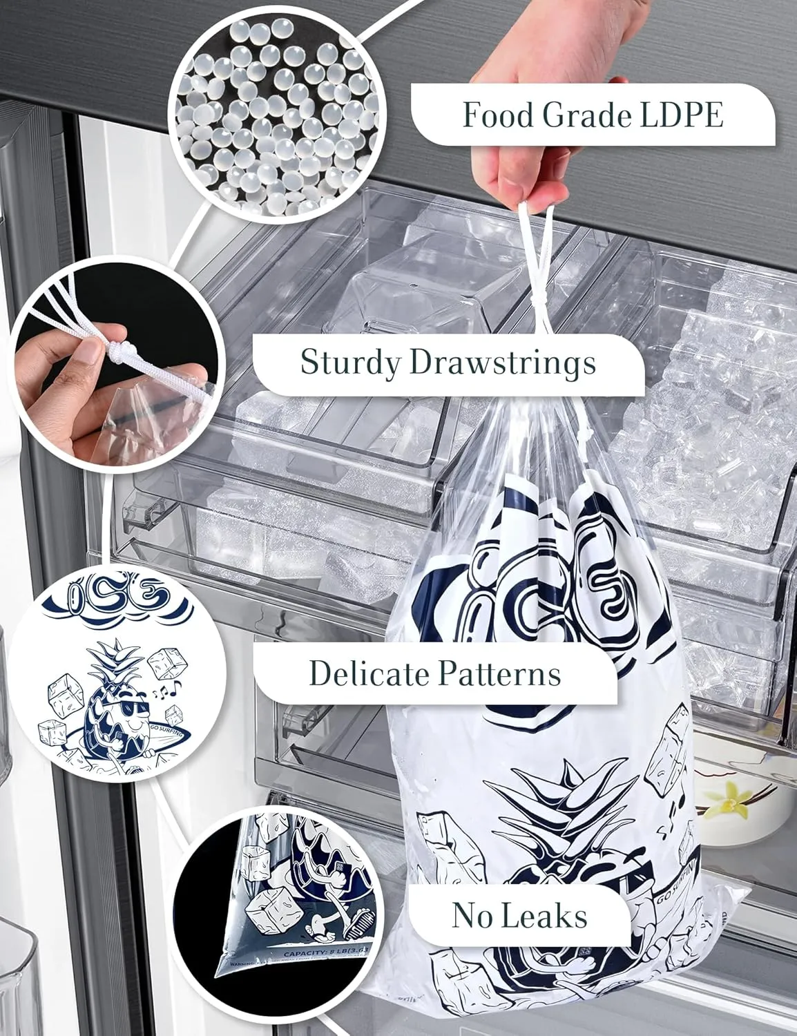 50 Pack Ice Bags 10 lb with Drawstring, Heavy-Duty Ice Bags for Ice Machine(2 Mils Thickness)
