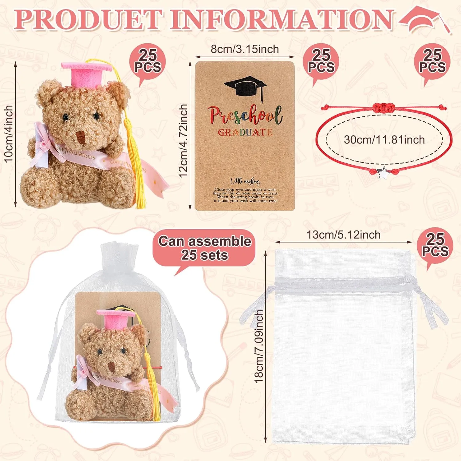 50 Pcs 2025 Preschool Graduation Bear Bulk Set with 25 Mini Graduation Gift Stuffed Bear 25 Adjustable Wish Bracelets Organza Bag for Class of 2025 Preschool Kid Child Student Grad Party Favor(Pink)