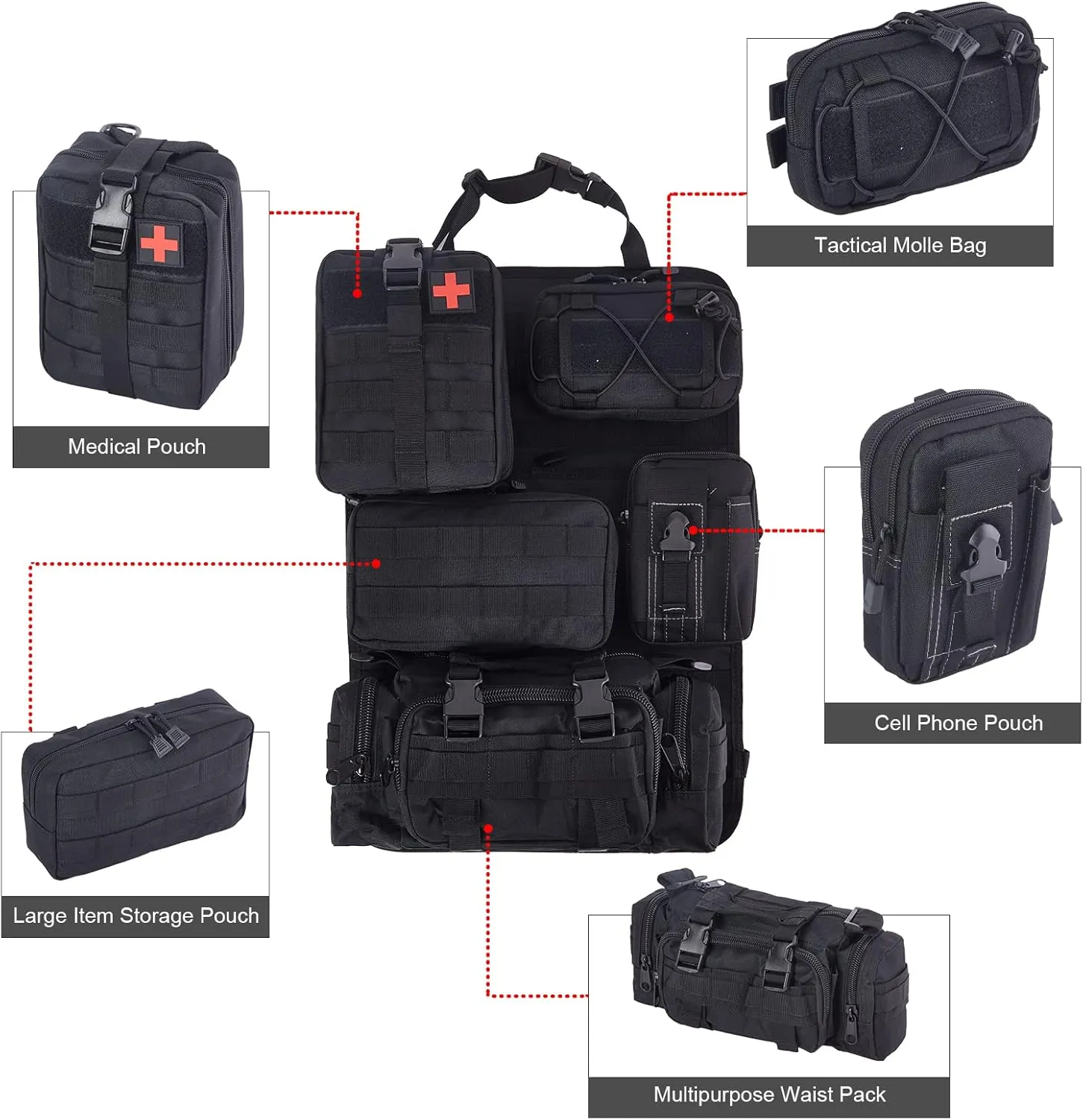 6 Pack Tactical Truck Organizer Back Seat Storage Car Seat Storage Bag Molle Panels for vehicles, Car and SUV with Lots of Handy Compartments (Black)