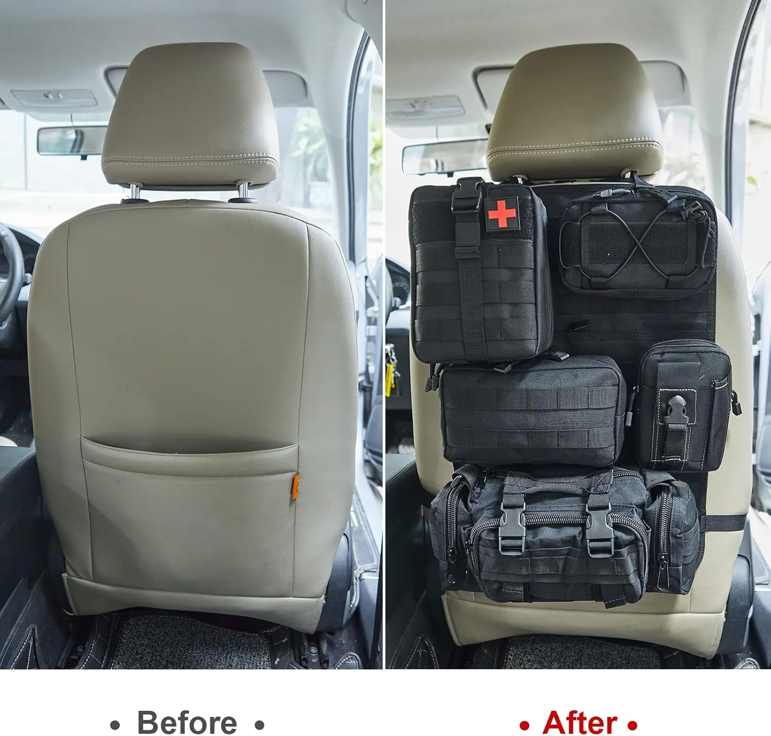 6 Pack Tactical Truck Organizer Back Seat Storage Car Seat Storage Bag Molle Panels for vehicles, Car and SUV with Lots of Handy Compartments (Black)
