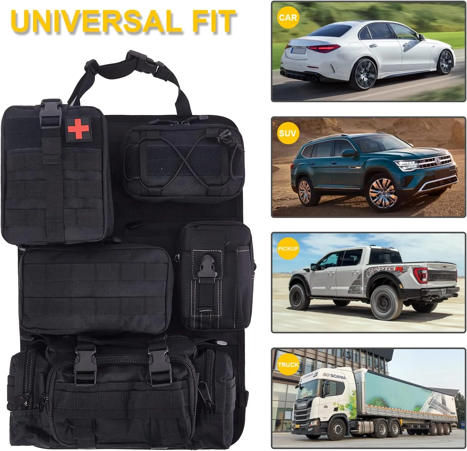 6 Pack Tactical Truck Organizer Back Seat Storage Car Seat Storage Bag Molle Panels for vehicles, Car and SUV with Lots of Handy Compartments (Black)