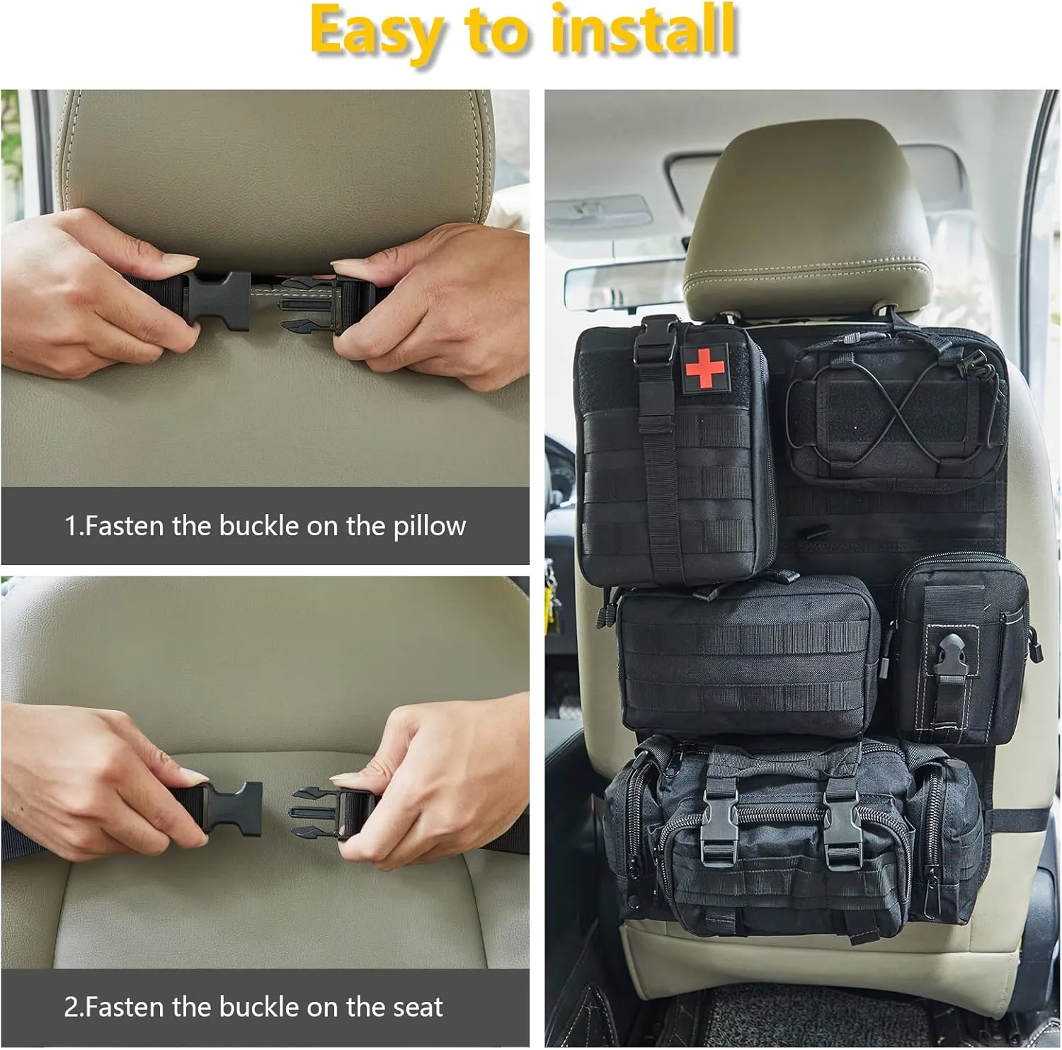 6 Pack Tactical Truck Organizer Back Seat Storage Car Seat Storage Bag Molle Panels for vehicles, Car and SUV with Lots of Handy Compartments (Black)