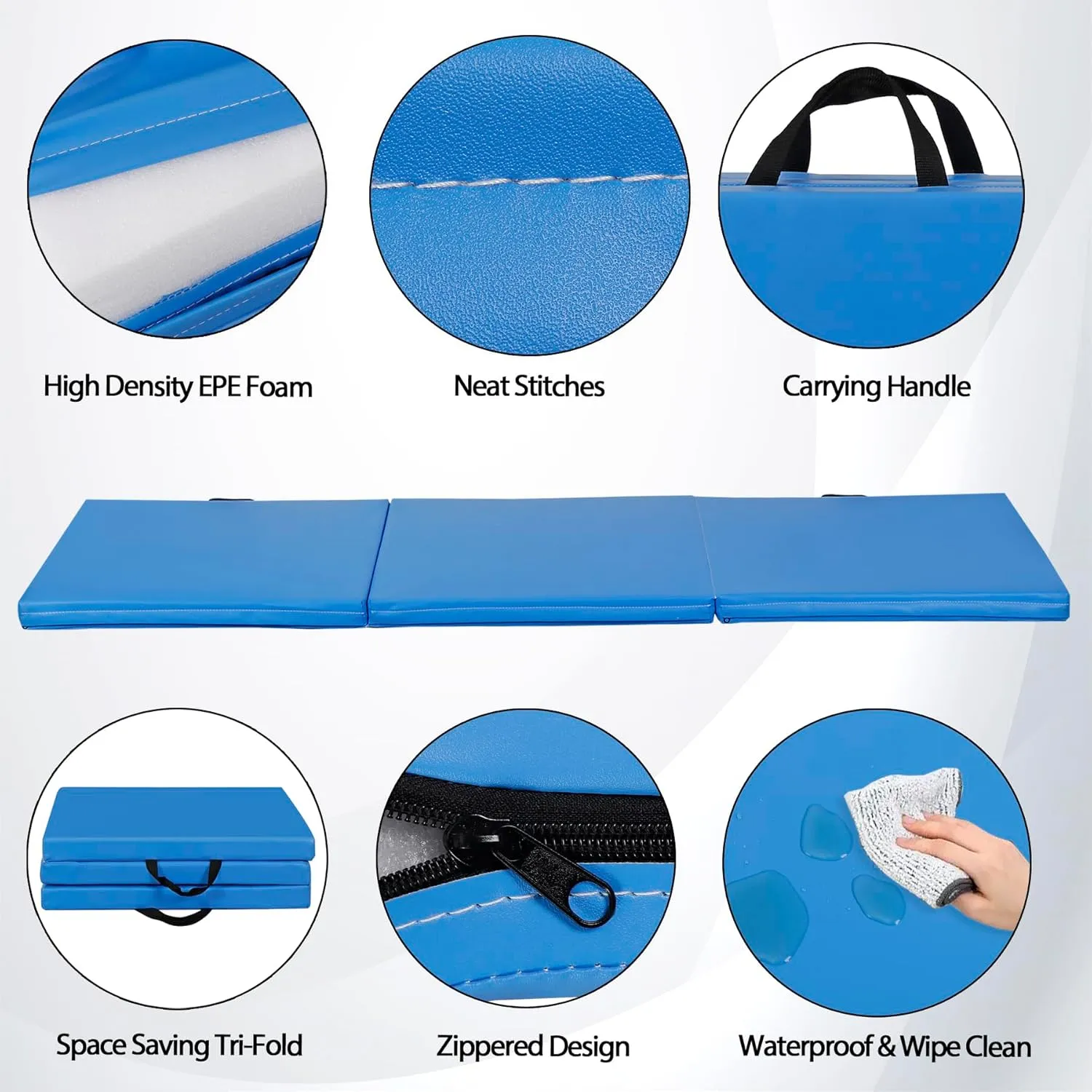 6' x 2' Tri-Fold Portable Folding Exercise Gym Mat Extra Thick Foam Gymnastics Mat Aerobics Yoga Martial Arts MMA Stretching Core Workouts w/Carrying Handle