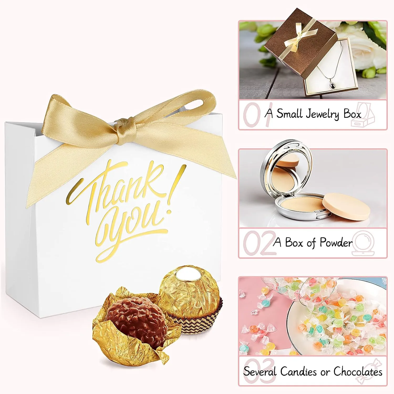 60 Pack Small Thank You Gift Bags, 4.5x1.8x3.9in Party Favor Bags Boxes with Bow Ribbon, Small Paper Gift Bags with Gold Foil Printed, Mini Candy Treat Bags for Birthday Wedding Party Holiday