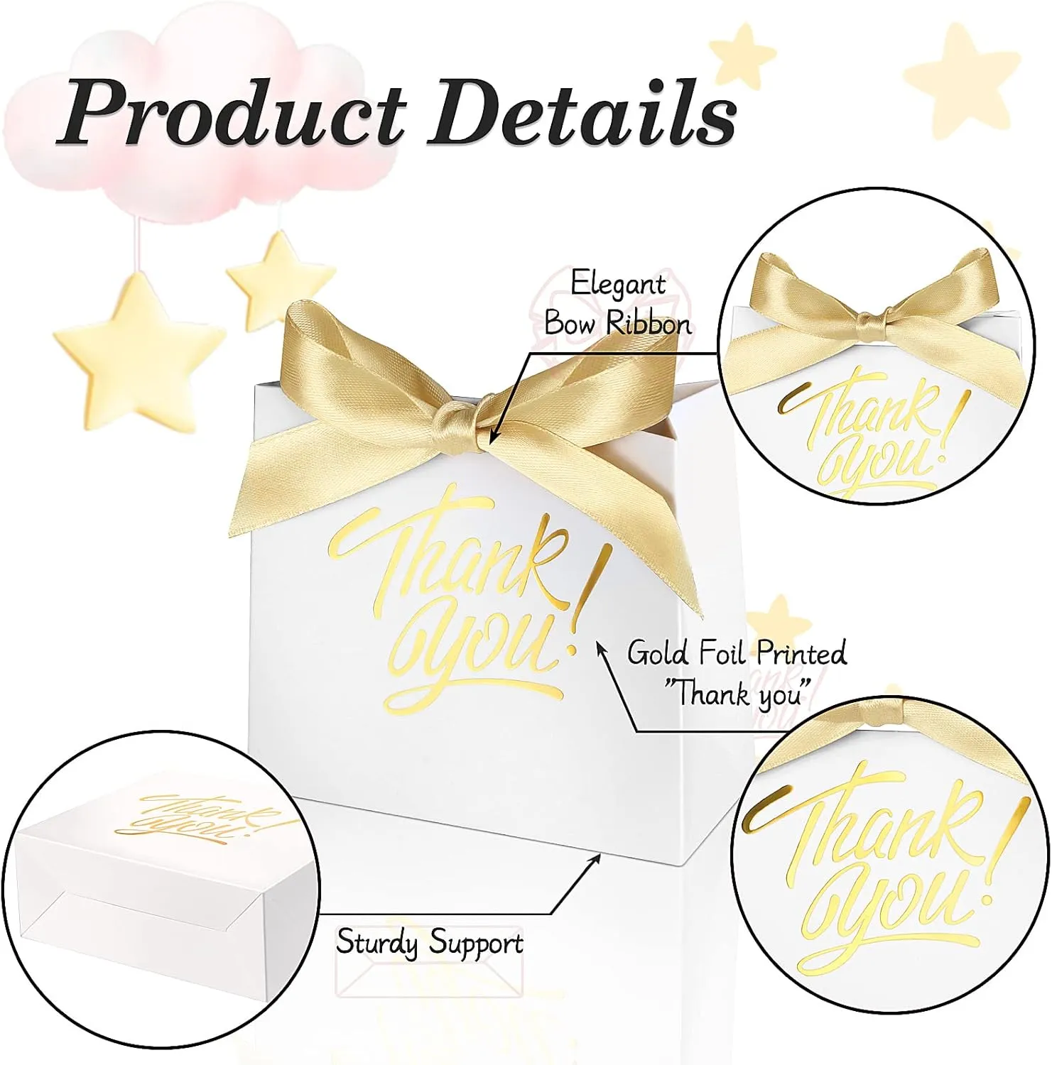 60 Pack Small Thank You Gift Bags, 4.5x1.8x3.9in Party Favor Bags Boxes with Bow Ribbon, Small Paper Gift Bags with Gold Foil Printed, Mini Candy Treat Bags for Birthday Wedding Party Holiday