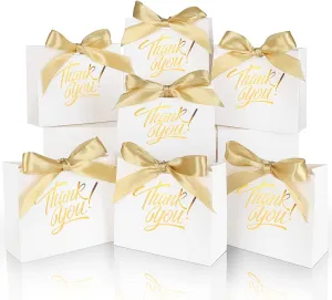 60 Pack Small Thank You Gift Bags, 4.5x1.8x3.9in Party Favor Bags Boxes with Bow Ribbon, Small Paper Gift Bags with Gold Foil Printed, Mini Candy Treat Bags for Birthday Wedding Party Holiday