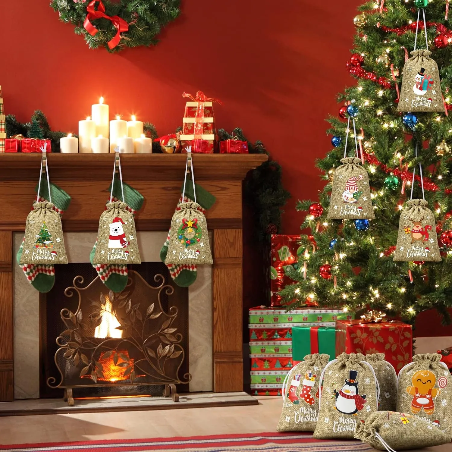 72Pcs Christmas Burlap Gift Bags with Drawstring, Christmas Linen Treat Sacks Drawstring Goody Gift Bags Small Jute Xmas Candy Pouches Reusable Gifts Wrapping Sacks for Xmas Holiday Party Favors