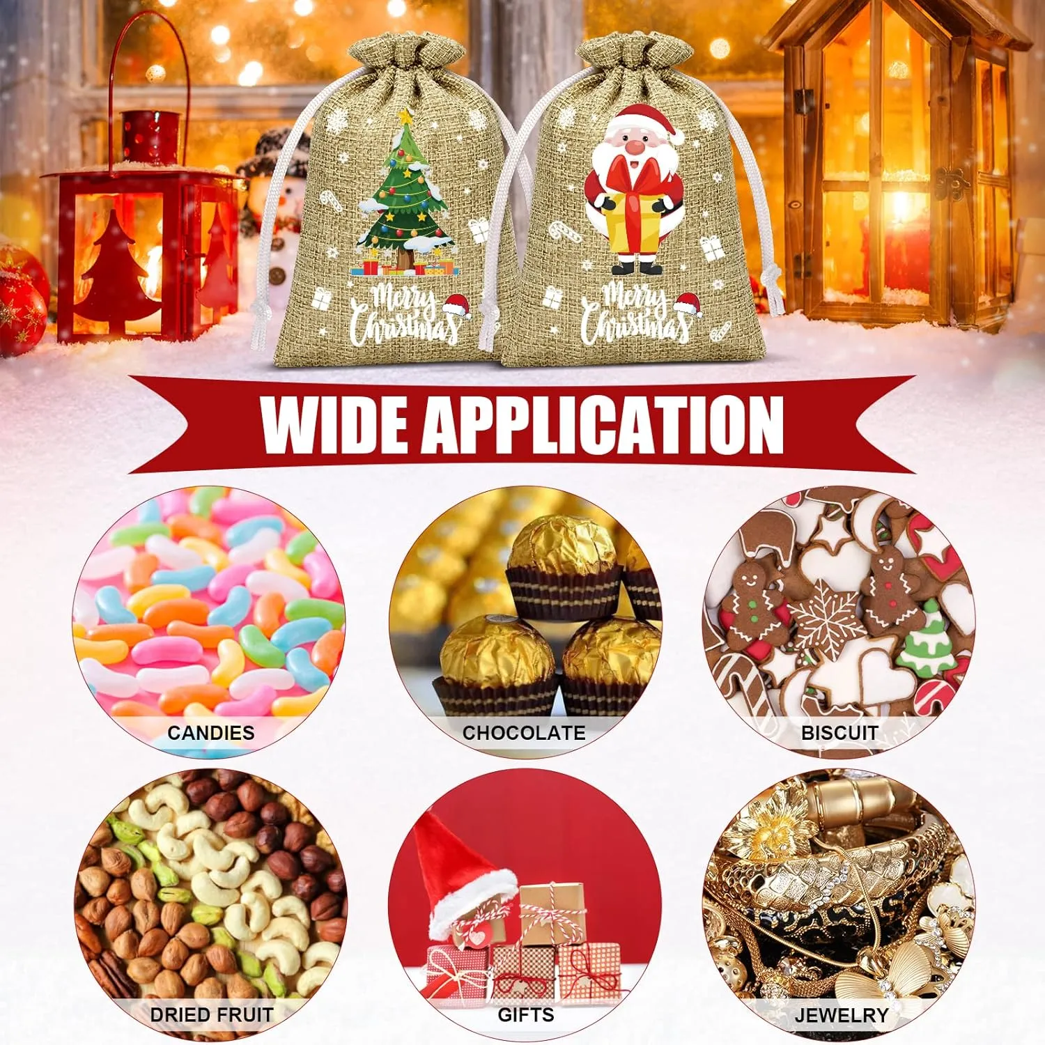 72Pcs Christmas Burlap Gift Bags with Drawstring, Christmas Linen Treat Sacks Drawstring Goody Gift Bags Small Jute Xmas Candy Pouches Reusable Gifts Wrapping Sacks for Xmas Holiday Party Favors