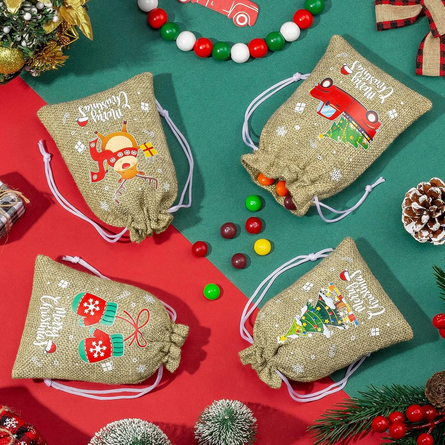 72Pcs Christmas Burlap Gift Bags with Drawstring, Christmas Linen Treat Sacks Drawstring Goody Gift Bags Small Jute Xmas Candy Pouches Reusable Gifts Wrapping Sacks for Xmas Holiday Party Favors