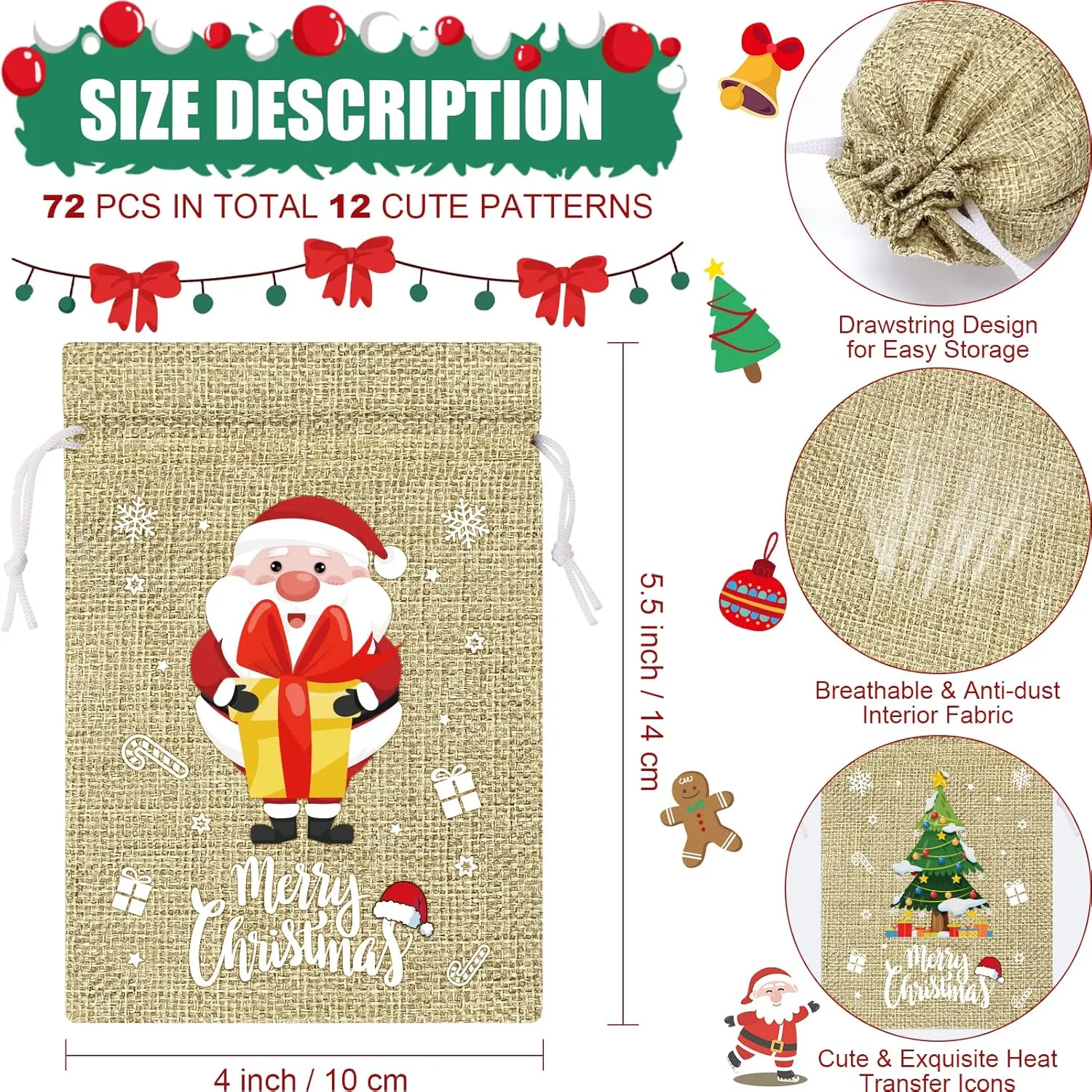 72Pcs Christmas Burlap Gift Bags with Drawstring, Christmas Linen Treat Sacks Drawstring Goody Gift Bags Small Jute Xmas Candy Pouches Reusable Gifts Wrapping Sacks for Xmas Holiday Party Favors