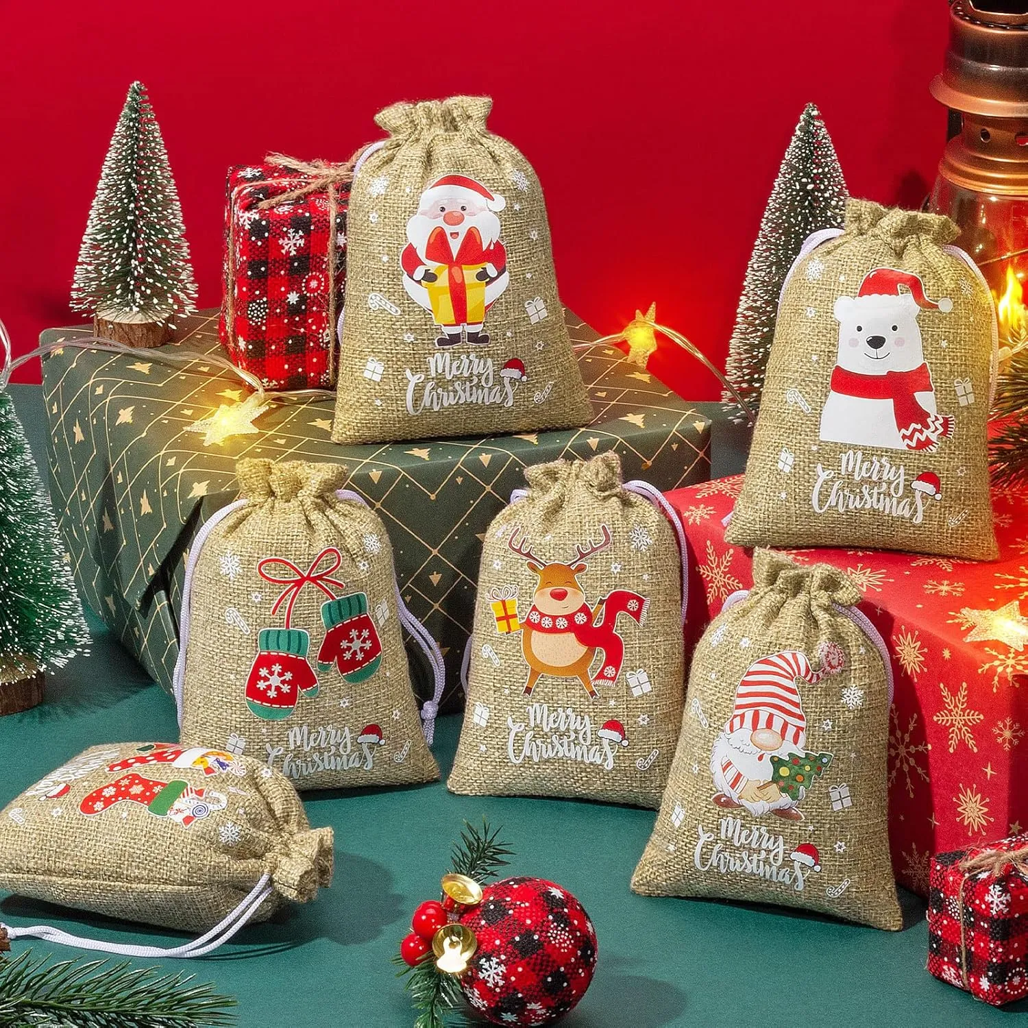 72Pcs Christmas Burlap Gift Bags with Drawstring, Christmas Linen Treat Sacks Drawstring Goody Gift Bags Small Jute Xmas Candy Pouches Reusable Gifts Wrapping Sacks for Xmas Holiday Party Favors