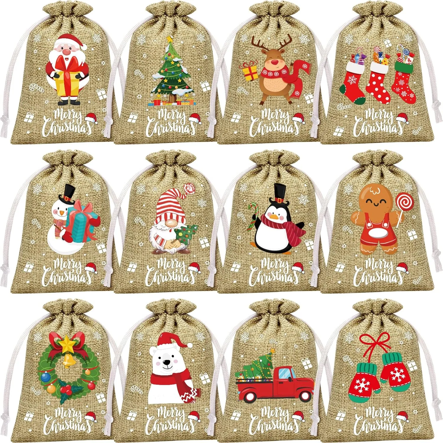 72Pcs Christmas Burlap Gift Bags with Drawstring, Christmas Linen Treat Sacks Drawstring Goody Gift Bags Small Jute Xmas Candy Pouches Reusable Gifts Wrapping Sacks for Xmas Holiday Party Favors
