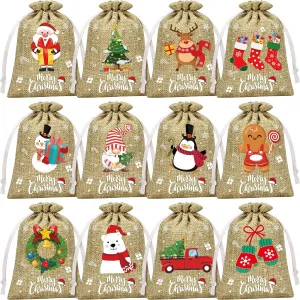 72Pcs Christmas Burlap Gift Bags with Drawstring, Christmas Linen Treat Sacks Drawstring Goody Gift Bags Small Jute Xmas Candy Pouches Reusable Gifts Wrapping Sacks for Xmas Holiday Party Favors
