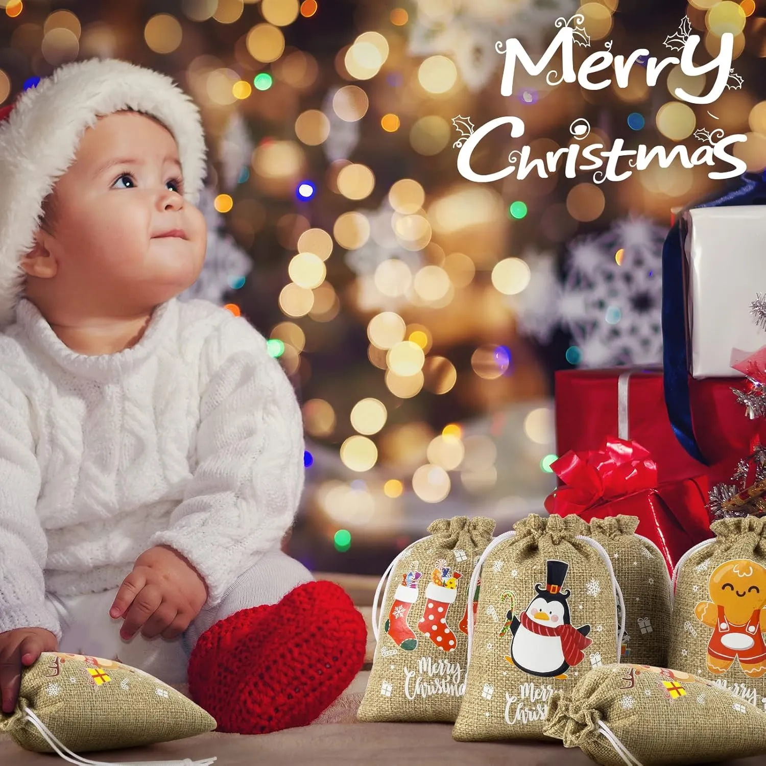 72Pcs Christmas Burlap Gift Bags with Drawstring, Christmas Linen Treat Sacks Drawstring Goody Gift Bags Small Jute Xmas Candy Pouches Reusable Gifts Wrapping Sacks for Xmas Holiday Party Favors