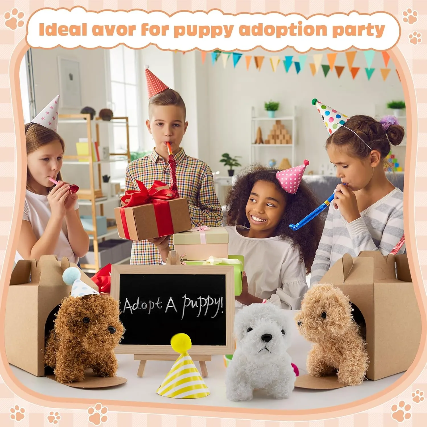 90Pcs Adopt A Puppy Party Favors Mini Plush Stuffed Animals Set Includes 24 Mini Dogs Birthday Hats White Plastic Fence with Artificial Lawn for Adopt A Pet Theme Birthday Party