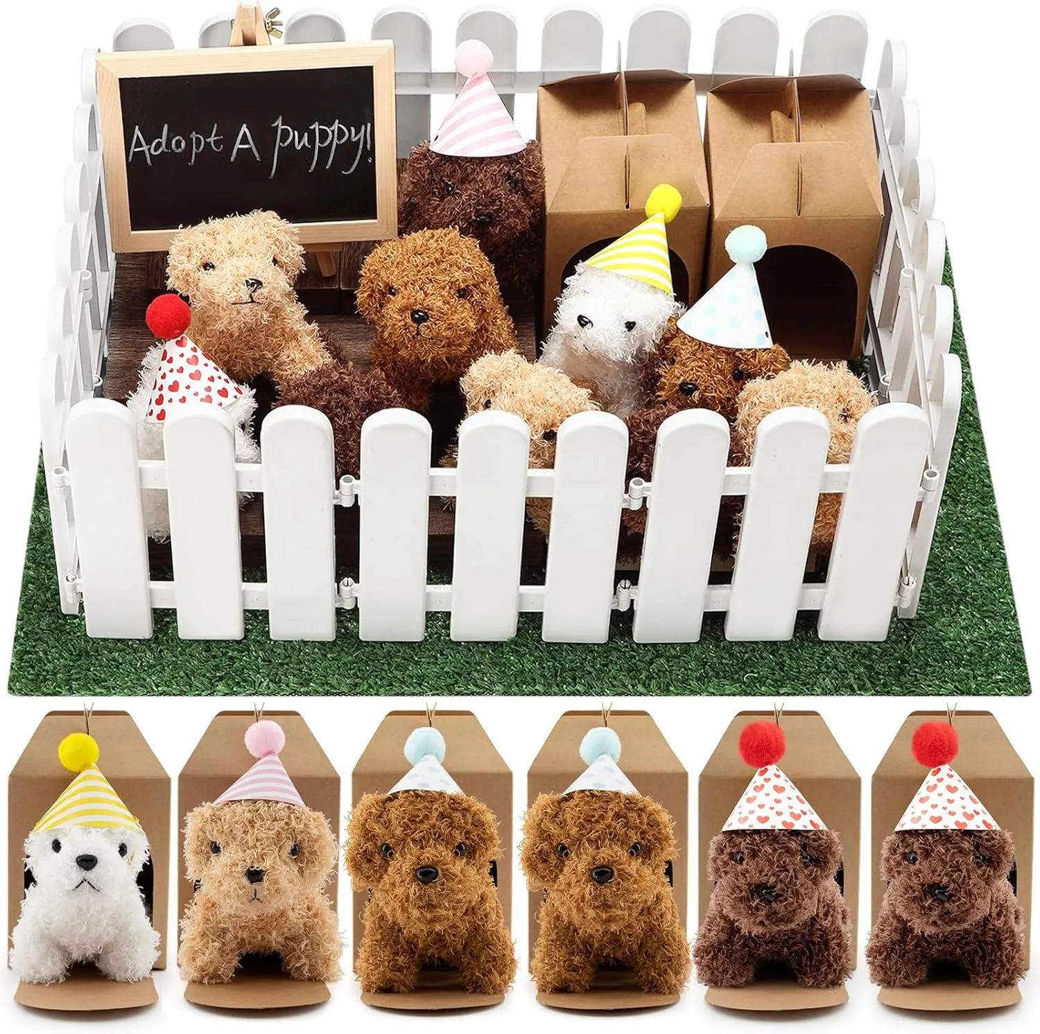 90Pcs Adopt A Puppy Party Favors Mini Plush Stuffed Animals Set Includes 24 Mini Dogs Birthday Hats White Plastic Fence with Artificial Lawn for Adopt A Pet Theme Birthday Party