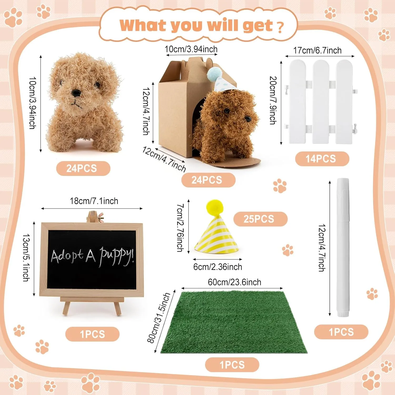 90Pcs Adopt A Puppy Party Favors Mini Plush Stuffed Animals Set Includes 24 Mini Dogs Birthday Hats White Plastic Fence with Artificial Lawn for Adopt A Pet Theme Birthday Party